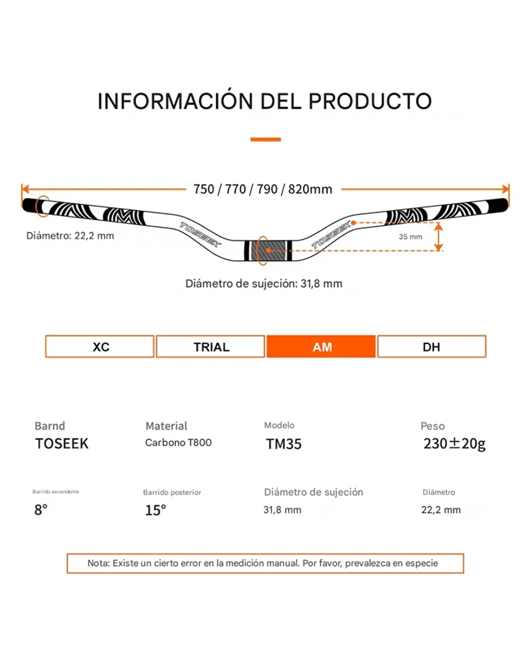 Manillar Bicicleta Fibra Carbono Toseek TM35 MTB Elevación 35mm - Imagen 7